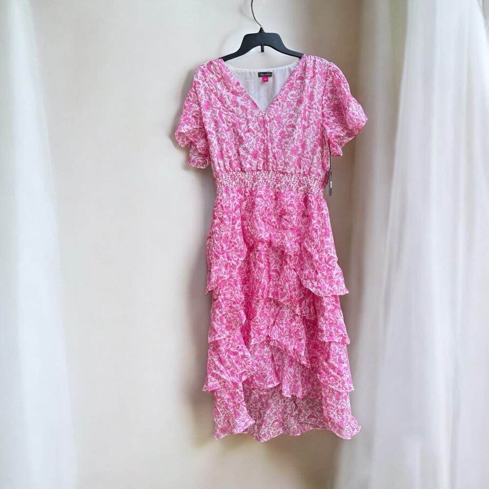 Vince Camuto Pink Floral Flutter Sleeve Midi Dress